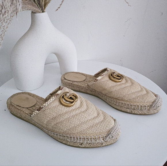 Gucci Shoes - Gucci Straw Elaphe Matelasse GG marmont espadrille slides mules